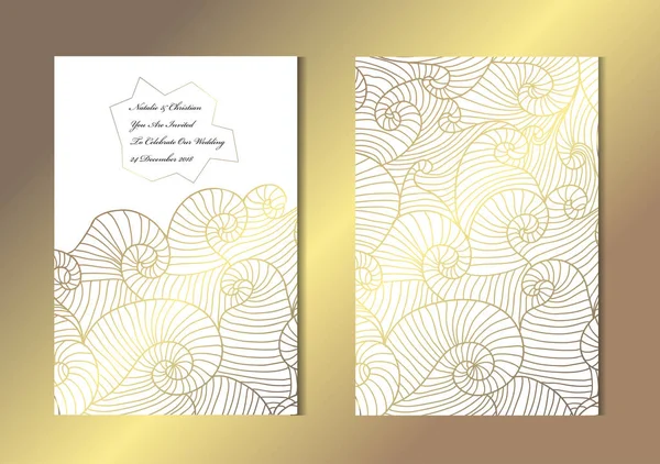 Elegant Golden Cards Decorative Waves Design Elements Can Used Wedding — Stock Vector