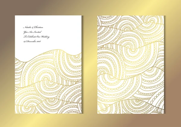Elegante Goldene Karten Mit Dekorativen Wellen Designelemente Kann Für Hochzeit — Stockvektor