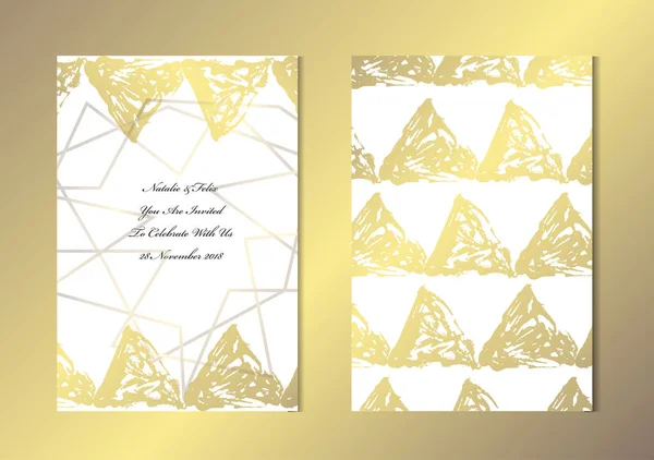 Elegante Goldene Karten Mit Dekorativen Dreiecken Gestaltungselemente Kann Für Hochzeit — Stockvektor