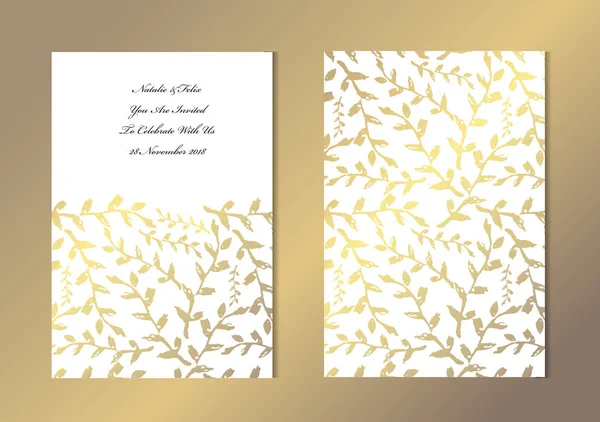 Elegant Golden Cards Decorative Leaves Design Elements Can Used Wedding — Stock Vector