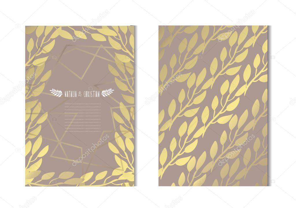 Elegant golden cards with decorative leaves, design elements. Can be used for wedding, baby shower, mothers day, valentines day, birthday, rsvp cards, invitations, greetings. Golden template background