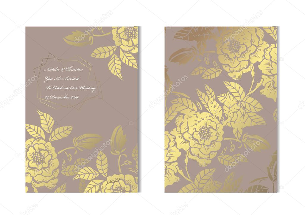 Elegant golden cards with decorative peonies, design elements. Can be used for wedding, baby shower, mothers day, valentines day, birthday, rsvp cards, invitations, greetings. Golden template background