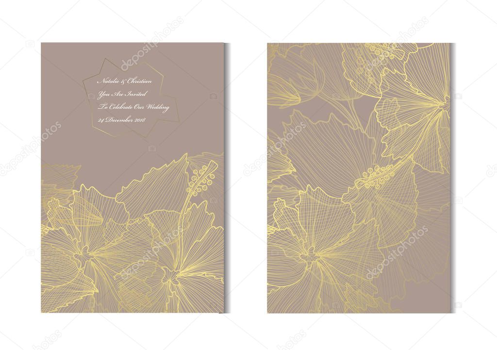 Elegant golden cards with decorative hibiscus, design elements. Can be used for wedding, baby shower, mothers day, valentines day, birthday, rsvp cards, invitations, greetings. Golden template background