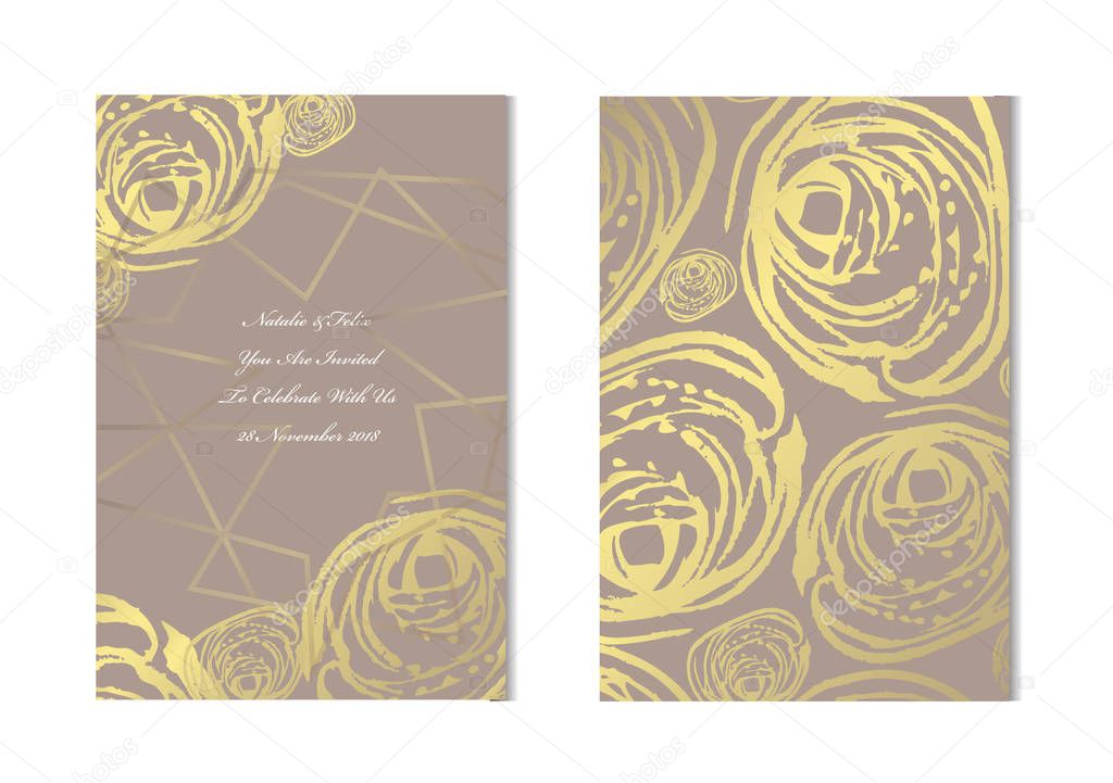 Elegant golden cards with grunge decorations, design elements. Can be used for wedding, baby shower, mothers day, valentines day, birthday, rsvp cards, invitations, greetings. Golden template background