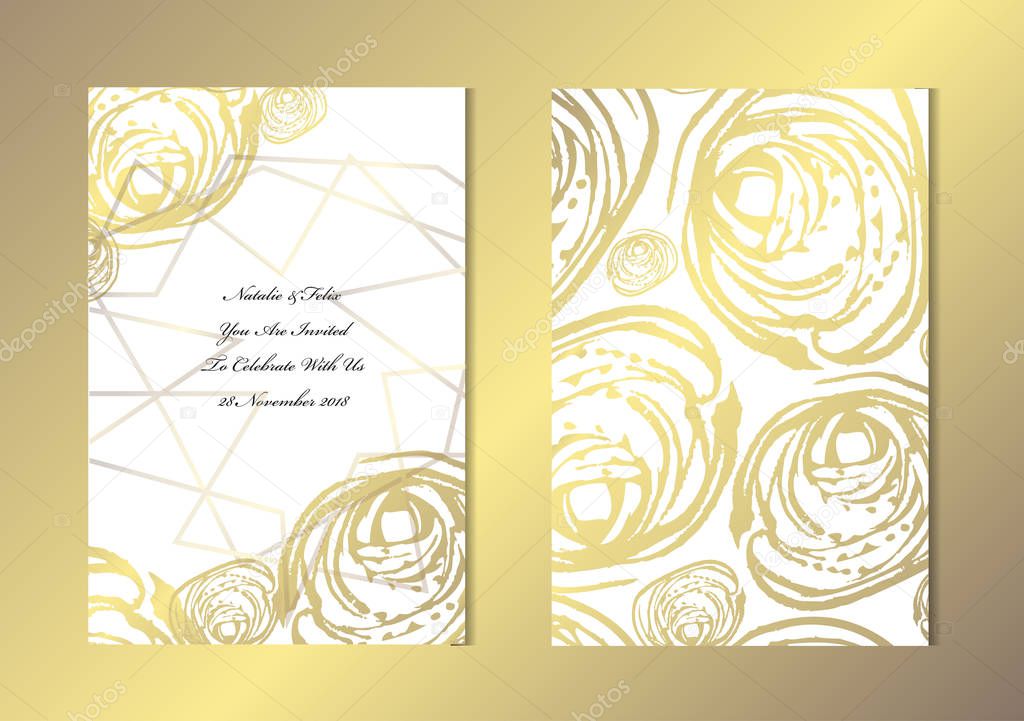 Elegant golden cards with decorative , design elements. Can be used for wedding, baby shower, mothers day, valentines day, birthday, rsvp cards, invitations, greetings. Golden template background