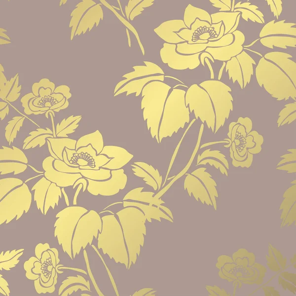 Elegantes Goldenes Muster Mit Handgezeichneten Dekorativen Hundsrosen Designelementen Blumenmuster Für — Stockvektor