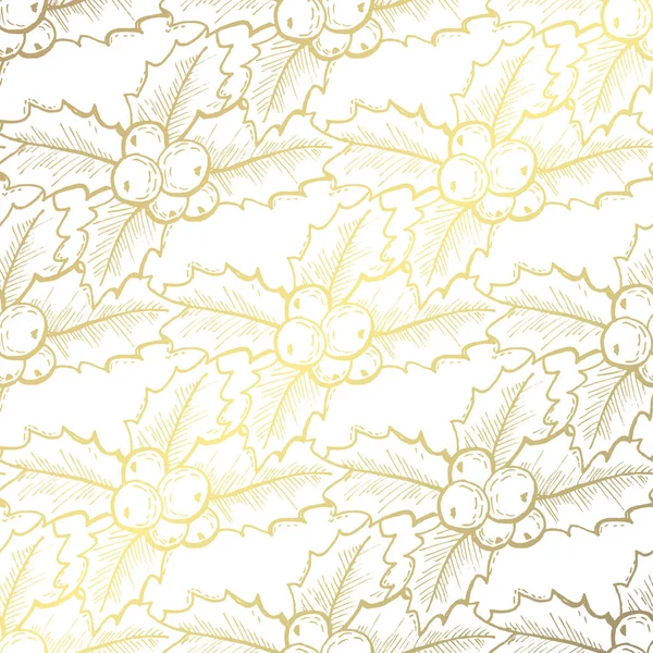 Wintermuster Mit Handgezeichneten Goldenen Stechpalmenbeeren Designelemente Kann Für Urlaubseinladungen Grußkarten — Stockvektor