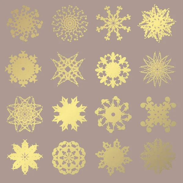 Set Copos Nieve Dorados Decorativos Dibujados Mano Elementos Diseño Fondo — Vector de stock