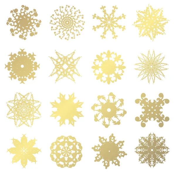Set Fiocchi Neve Decorativi Oro Disegnati Mano Elementi Design Natale — Vettoriale Stock