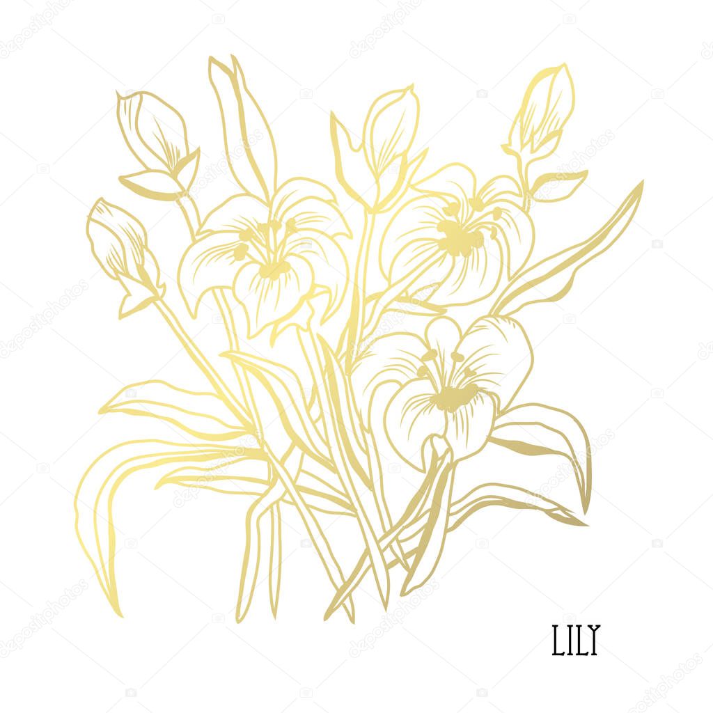 Decorative lily flowers, design elements. Can be used for cards, invitations, banners, posters, print design. Golden flowers