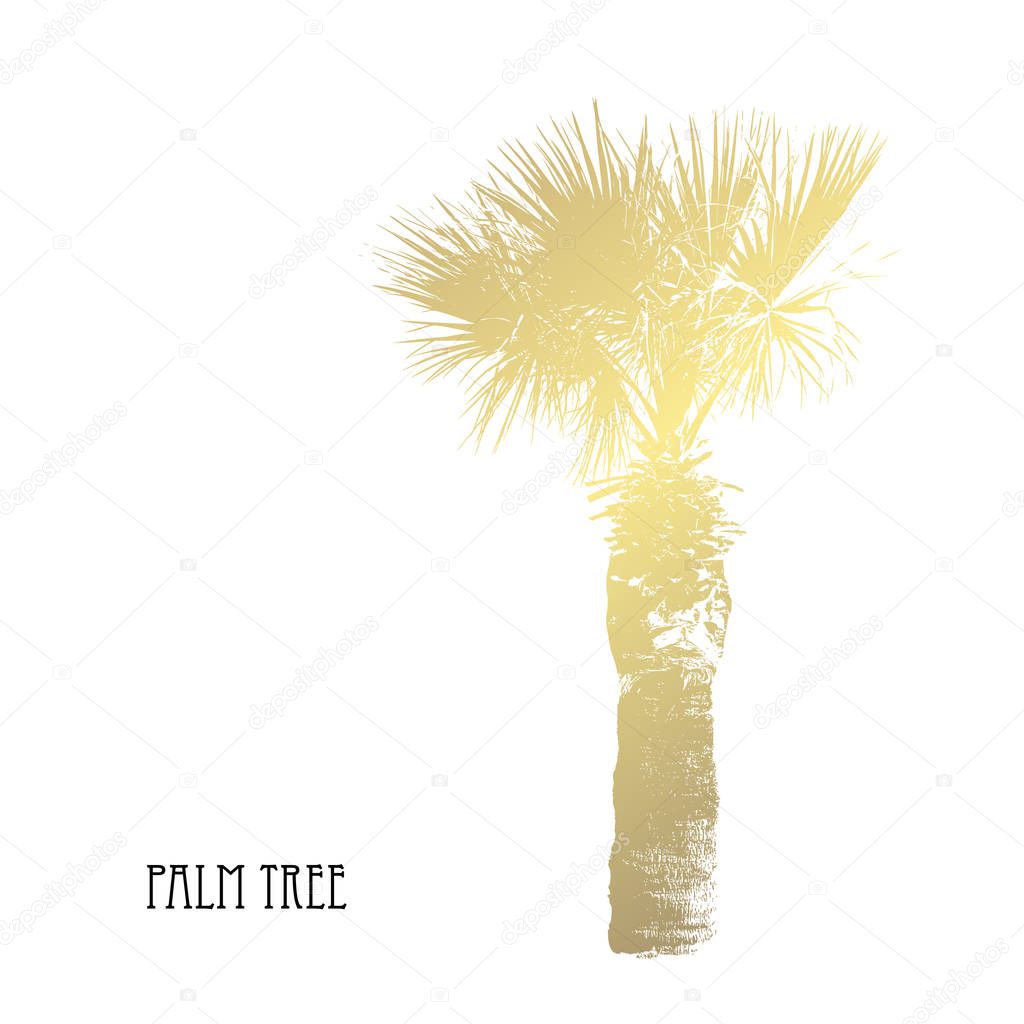 Decorative golden palm tree, design element. Can be used for cards, invitations, banners, posters, print design, web backgrounds, wallpapers. Exotic, tropical theme
