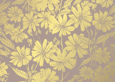 Elle çizilmiş dekoratif chamomiles, tasarım öğeleri ile zarif altın desen. Çiçek desenli davetiye, tebrik kartları, scrapbooking, baskı, hediye paketi, üretim için