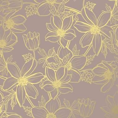 Elle çizilmiş dekoratif Anemon, tasarım öğeleri ile zarif altın desen. Çiçek desenli davetiye, tebrik kartları, scrapbooking, baskı, hediye paketi, üretim için