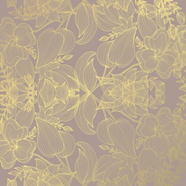 Elle çizilmiş dekoratif çiçek, tasarım öğeleri ile zarif altın desen. Çiçek desenli davetiye, tebrik kartları, scrapbooking, baskı, hediye paketi, üretim için