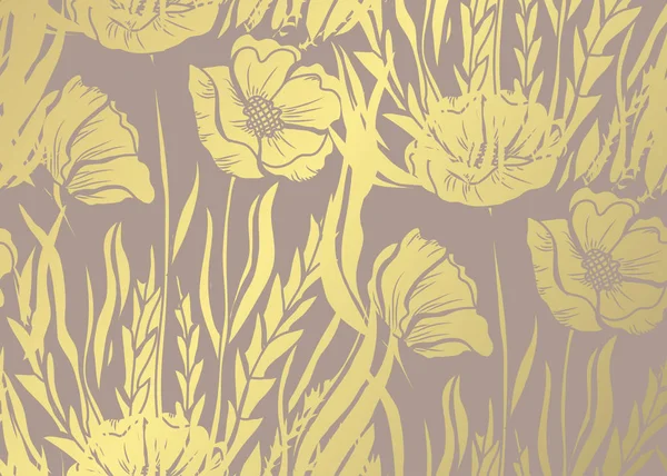 Elegantes Goldenes Muster Mit Handgezeichneten Dekorativen Mohnblumen Designelementen Blumenmuster Für — Stockvektor