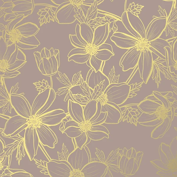 Elegant Golden Pattern Hand Drawn Decorative Anemones Design Elements Floral — Stock Vector