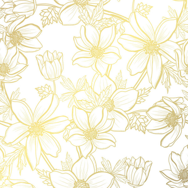 Elegant golden pattern with hand drawn decorative anemones, design elements. Floral pattern for invitations, greeting cards, scrapbooking, print, gift wrap, manufacturing
