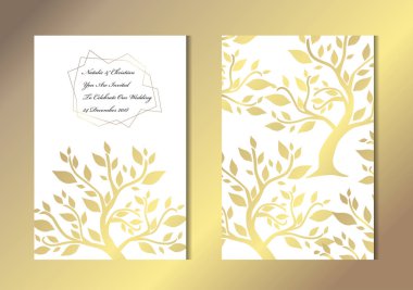 Dekoratif ağaçlar, tasarım öğeleri ile zarif altın kartları. Kullanılabilir düğün, bebek duş, anneler günü, Sevgililer günü, Doğum günü, rsvp kartları, davetiyeler, tebrik için. Altın şablon arka plan