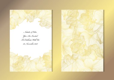 Dekoratif gül, tasarım öğeleri ile zarif altın kartları. Kullanılabilir düğün, bebek duş, anneler günü, Sevgililer günü, Doğum günü, rsvp kartları, davetiyeler, tebrik için. Altın şablon arka plan