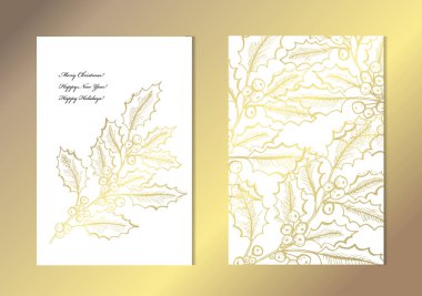 Dekoratif holly Karpuzu, tasarım öğeleri ile zarif altın kartları. Kullanılabilir Noel, yeni yıl, kış, Doğum günü, rsvp kartları, davetiyeler, selamlar. Altın şablon arka plan