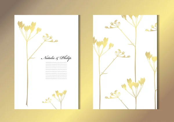 Cartes Dorées Élégantes Avec Des Fleurs Décoratives Des Éléments Design — Image vectorielle