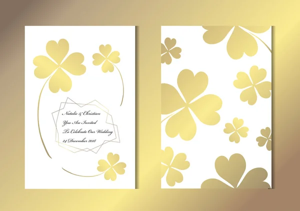 Elegante Goldene Karten Mit Dekorativen Kleeblättern Designelementen Kann Für Hochzeit — Stockvektor