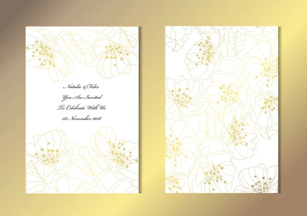 Elegantes Tarjetas Doradas Con Sakura Decorativa Elementos Diseño Puede Utilizar — Vector de stock