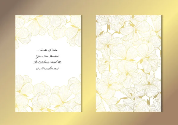 Elegante Goldene Karten Mit Dekorativen Geranien Designelementen Kann Für Hochzeit — Stockvektor