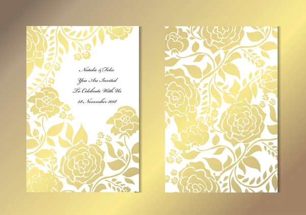 Elegante Goldene Karten Mit Dekorativen Rosen Designelemente Kann Für Hochzeit — Stockvektor
