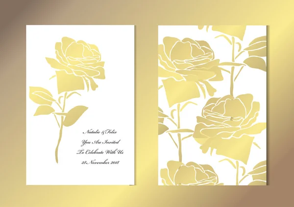 Elegante Goldene Karten Mit Dekorativen Rosen Designelemente Kann Für Hochzeit — Stockvektor