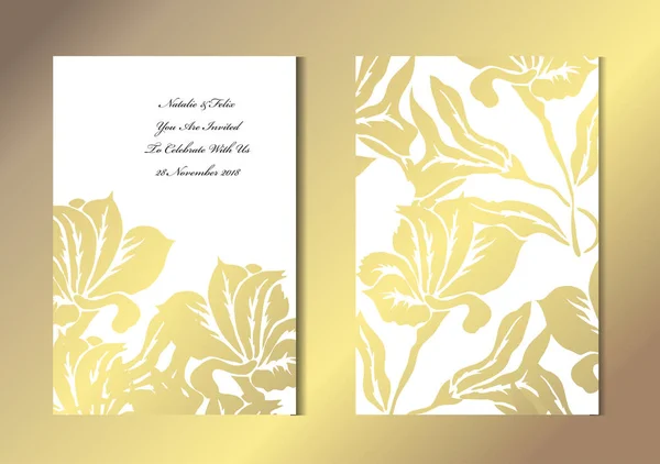 Elegantes Tarjetas Doradas Con Lirios Decorativos Elementos Diseño Puede Utilizar — Vector de stock