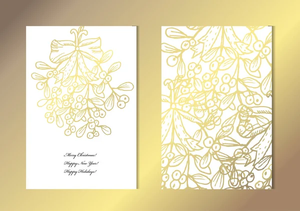 装飾的なヤドリギ デザイン要素でエレガントな黄金カード クリスマス 誕生日 Rsvp カード 招待状 挨拶に使用できます ゴールデン テンプレート背景 — ストックベクタ