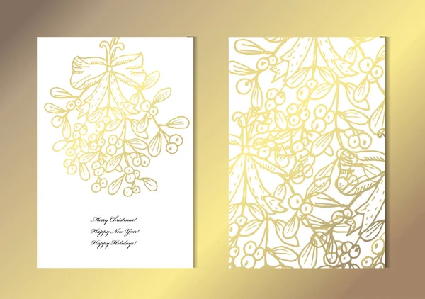 Elegantes Tarjetas Doradas Con Muérdago Decorativo Elementos Diseño Puede Utilizar — Vector de stock