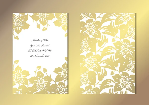 Elegante Goldene Karten Mit Dekorativen Orchideen Designelemente Kann Für Hochzeit — Stockvektor