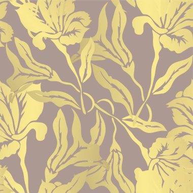 Lily çiçekler, tasarım öğeleri ile altın seamless modeli. Davetiyeler, kartları, baskı, hediye paketi, imalat, tekstil, kumaş, çiçek desenli duvar kağıtları