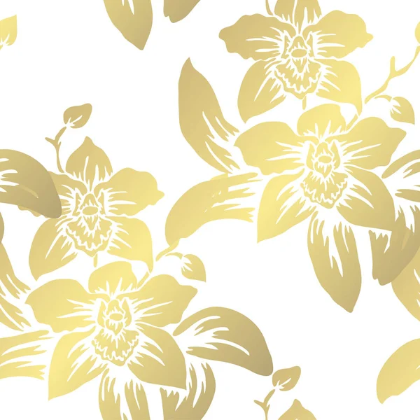 Goldenes Nahtloses Muster Mit Orchideenblüten Designelemente Blumenmuster Für Einladungen Karten — Stockvektor