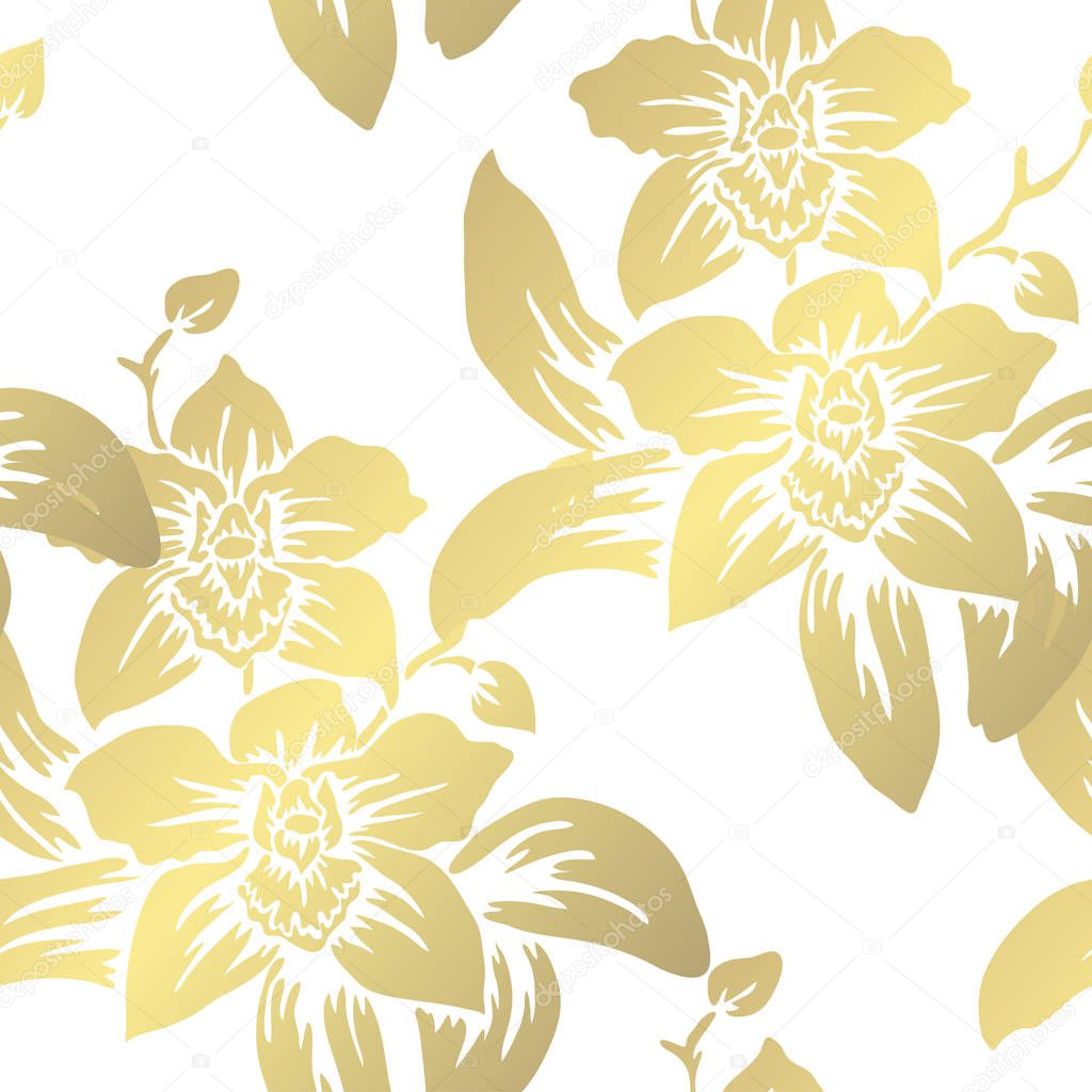 Golden seamless pattern with orchid flowers, design elements. Floral  pattern for invitations, cards, print, gift wrap, manufacturing, textile, fabric, wallpapers