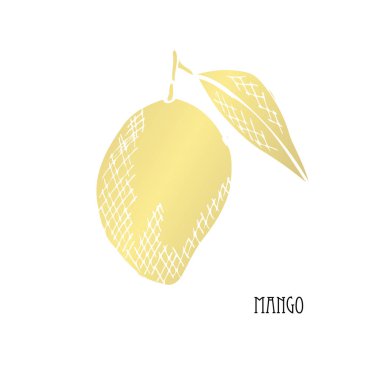 Elle çizilmiş altın mango, tasarım öğesi. Kullanılabilir kartları, davetiyeler, scrapbooking, baskı, kumaş, üretim, gıda Temalar için. Gıda tema. Altın meyve