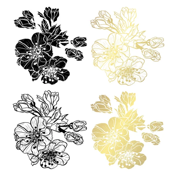 装饰樱花花 设计元素 可用于卡片 打印设计 金色花朵 — 图库矢量图片