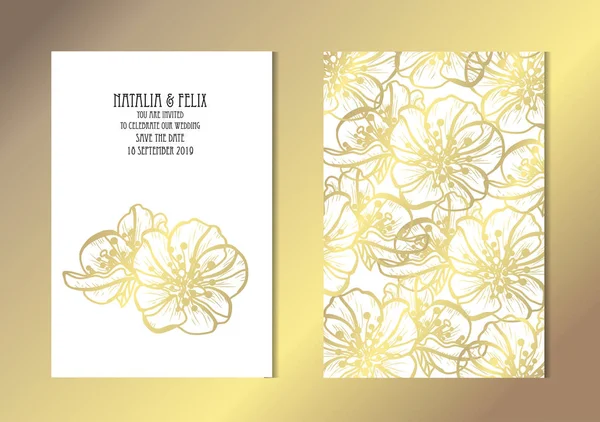 Elegantes Tarjetas Doradas Con Flores Decorativas Sakura Elementos Diseño Puede — Vector de stock