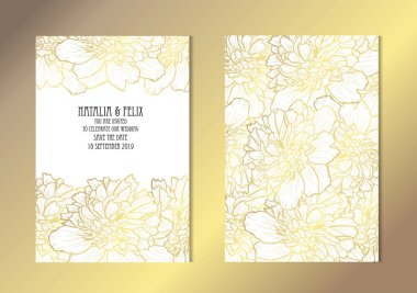 Şakayık çiçekleri, tasarım öğeleri ile zarif altın kartları. Kullanılabilir düğün, bebek duş, anneler günü, Sevgililer günü, Doğum günü, rsvp kartları, davetiyeler, tebrik için. Altın şablon arka plan