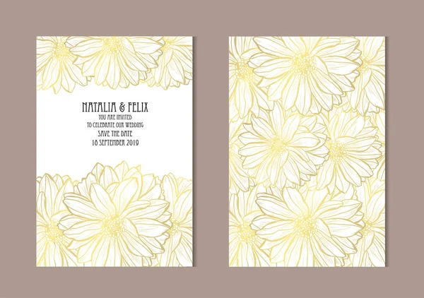 Κομψό Χρυσές Κάρτες Ντάλια Λουλούδια Σχεδιαστικά Στοιχεία Μπορεί Χρησιμοποιηθεί Για — Διανυσματικό Αρχείο