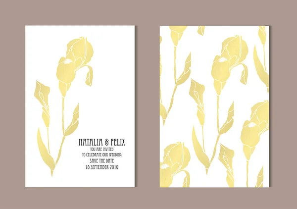 Κομψό Χρυσές Κάρτες Λουλούδια Της Ίριδας Σχεδιαστικά Στοιχεία Μπορεί Χρησιμοποιηθεί — Διανυσματικό Αρχείο
