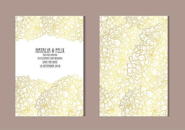 Elegantes Tarjetas Doradas Con Flores Hortensias Elementos Diseño Puede Utilizar — Vector de stock