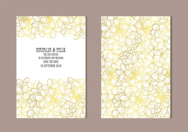 Elegantes Tarjetas Doradas Con Flores Lila Elementos Diseño Puede Utilizar — Vector de stock