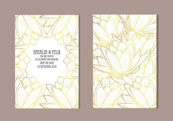 Κομψό Χρυσές Κάρτες Άνθη Λωτού Σχεδιαστικά Στοιχεία Μπορεί Χρησιμοποιηθεί Για — Διανυσματικό Αρχείο
