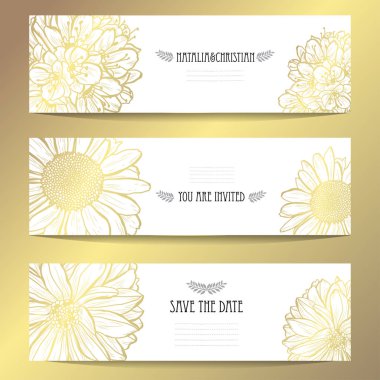 Elegant golden cards with decorative flowers, design elements. Can be used for wedding, baby shower, mothers day, valentines day, birthday, rsvp cards, invitations, greetings. Golden template background vector
