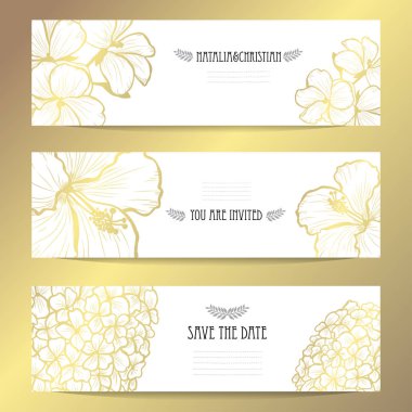Elegant golden cards with decorative flowers, design elements. Can be used for wedding, baby shower, mothers day, valentines day, birthday, rsvp, invitations, greetings. Golden template background vector