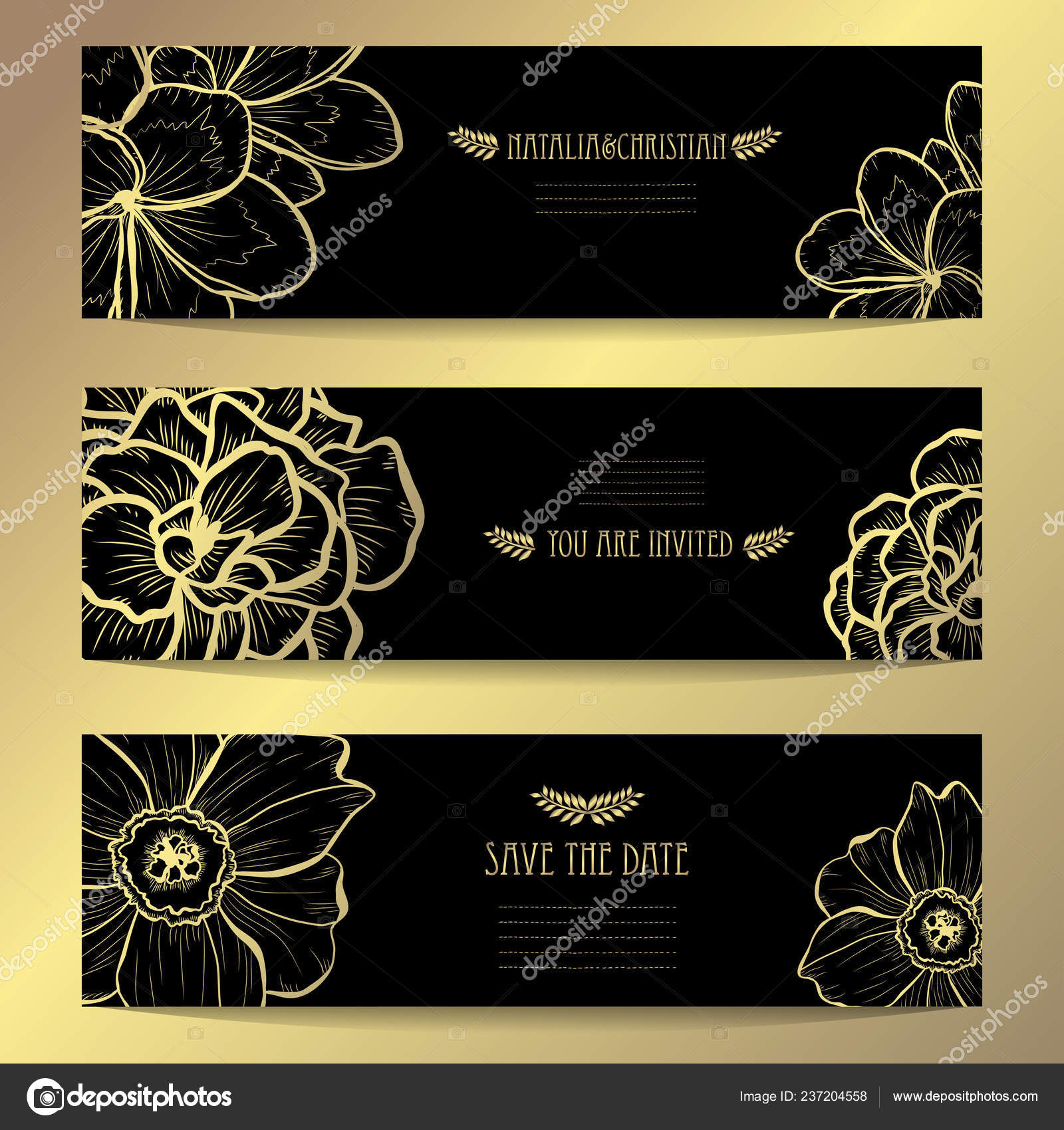 装飾的な花 デザイン要素でエレガントな黄金カード 結婚式 ベビー シャワー 母の日 バレンタインデー 誕生日 Rsvp 招待状 ストックベクター C Chantall