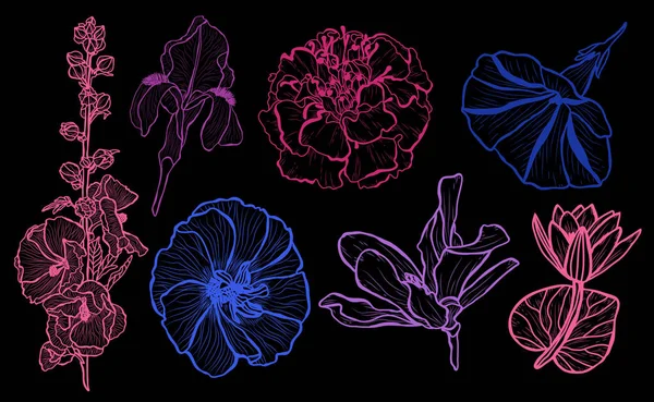 Dekoratif çiçekler ayarla, tasarım öğeleri. Tasarımını yazdırma, kartları, davetiyeleri, afişler, posterler için kullanılabilir. Çiçek arka planda satır sanat tarzı